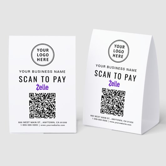Plaque De Table Business Logo Zelle QR Code Scan To Pay (Recto/verso)