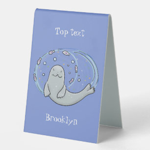 Plaque De Table Caricature joyeux de phoque et de poisson bleu