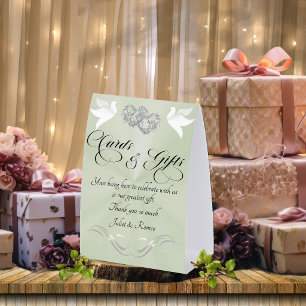 Plaque De Table Cartes & Cadeaux Colombes & Cœurs - Perle Sage/Arg