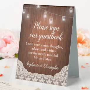 Plaque De Table Chaîne Lights Rustic Wood Script Livre d'or Vintag