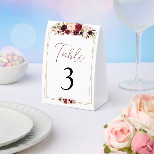 Plaque De Table Chic Burgundy Fleurs Géométriques Numéro de Table (Insitu (mariage))
