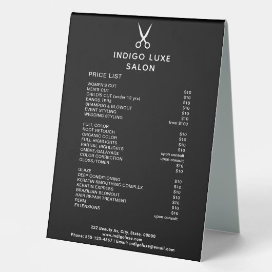 Plaque De Table Ciseaux de salon de cheveux Service noir Menu Prix (Recto)