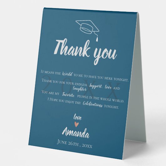 Plaque De Table Classe de Merci de graduation photo bleue 2023 (Recto)