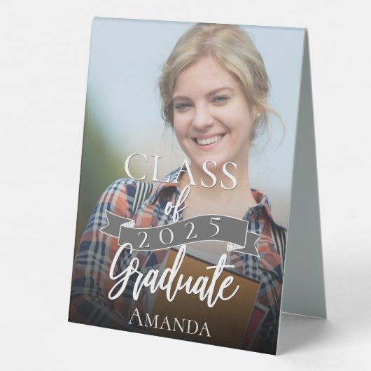 Plaque De Table Classe de Merci de graduation photo noire 2025 (Verso)