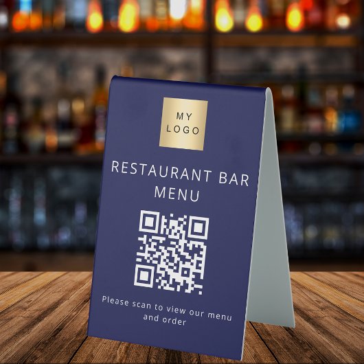 Plaque De Table Code QR bleu marine restaurant café bar menu scan