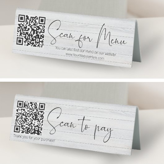 Plaque De Table Code QR Bois Blanc Scannez pour Payer + Scannez po