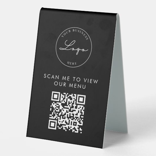 Plaque De Table Code QR Contact Menu Logo Black Modern (Verso)
