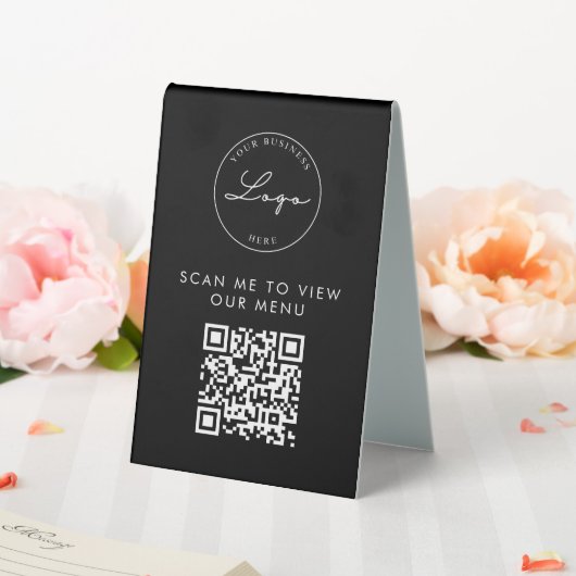 Plaque De Table Code QR Contact Menu Logo Black Modern (In SItu (Mariage))