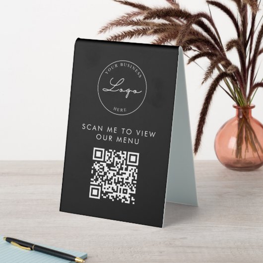 Plaque De Table Code QR Contact Menu Logo Black Modern (En SItu (Tableau))
