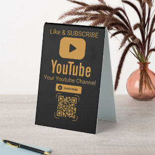 Plaque De Table Code QR d'abonnement YouTube or noir