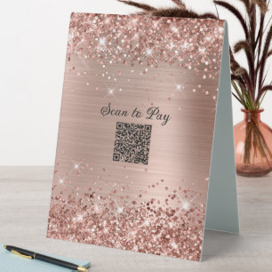 Plaque De Table Code QR de paiement à scanner Rose Gold Pailleté G