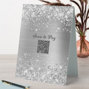 Plaque De Table Code QR de paiement scintillant argenté Glam