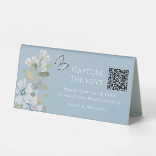 Plaque De Table Code QR de partage de photos de mariage floral ble