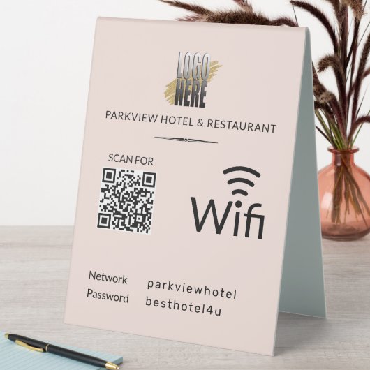 Plaque De Table Code QR Logo Wifi Entreprise Moderne Rose Pâle (En SItu (Tableau))