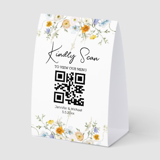 Plaque De Table Code QR Menu de Mariage Écriture Élégante floral (Recto)