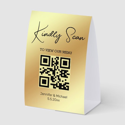Plaque De Table Code QR Menu de Mariage Écriture Élégante Or (Recto)
