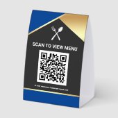 Plaque De Table Code QR Menu Numérique Bleu Or pour Restaurants (Verso)