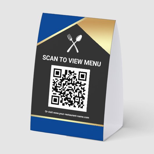 Plaque De Table Code QR Menu Numérique Bleu Or pour Restaurants (Verso)