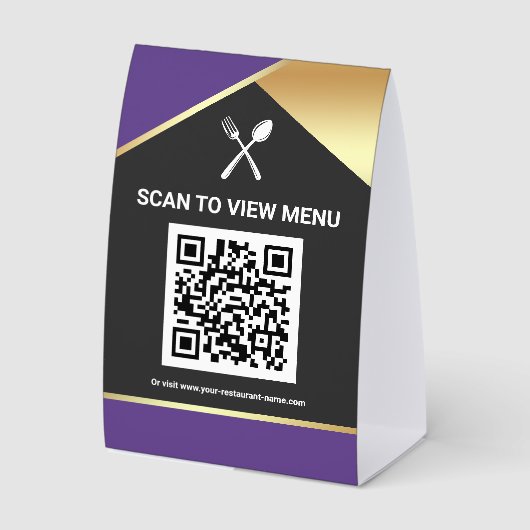 Plaque De Table Code QR Menu Numérique Violet Or pour Restaurants (Recto)