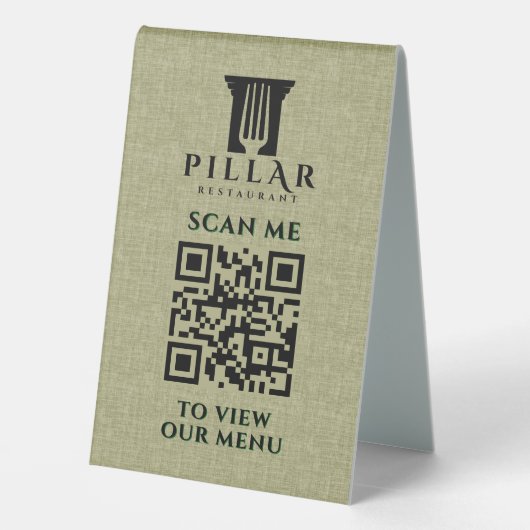Plaque De Table Code QR MenuSage Green Linen Logo personnalisé (Verso)