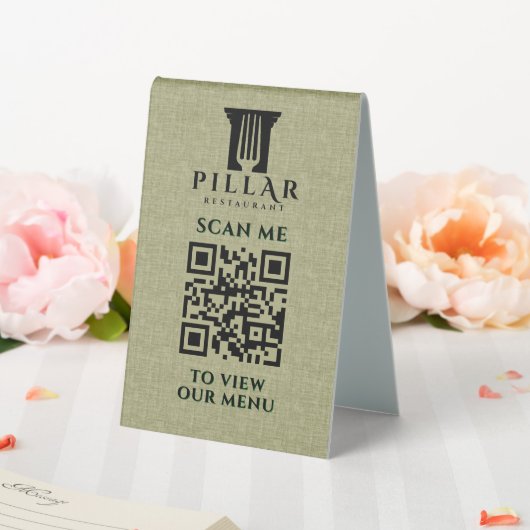 Plaque De Table Code QR MenuSage Green Linen Logo personnalisé (In SItu (Mariage))