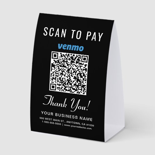 Plaque De Table Code QR Venmo Scan To Pay Noir (Recto)