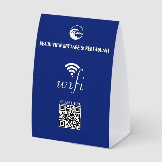 Plaque De Table Code QR Wifi Bleu et Logo de Votre Entreprise (Recto)