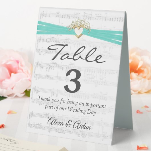 Plaque De Table Cœur doré avec ruban aqua sur partition (In SItu (Mariage))