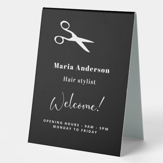 Plaque De Table Coiffeur noir blanc heures d'ouverture accueil (Recto)
