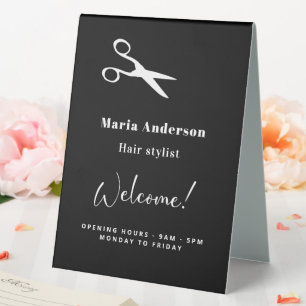 Plaque De Table Coiffeur noir blanc heures d'ouverture accueil
