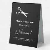 Plaque De Table Coiffeur noir blanc heures d'ouverture accueil (Verso)