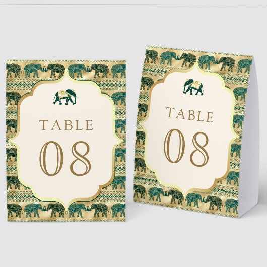 Plaque De Table Cream Emerald Elephant Indian Wedding Table Number (Recto/Verso)