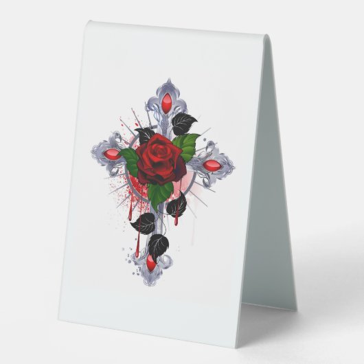 Plaque De Table Croix d'argent avec une rose rouge (Recto)