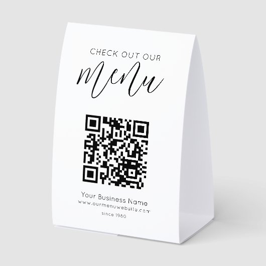 Plaque De Table Découvrez notre code QR de menu noir et blanc chic (Recto)