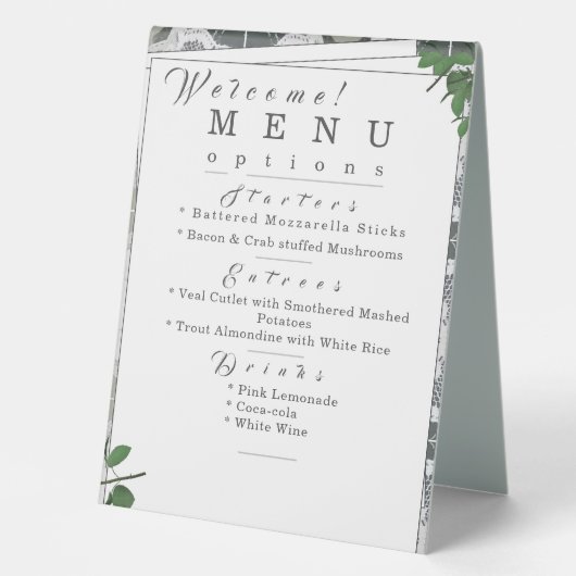 Plaque De Table Dentelle blanche et Feuille Rose Menu (Recto)