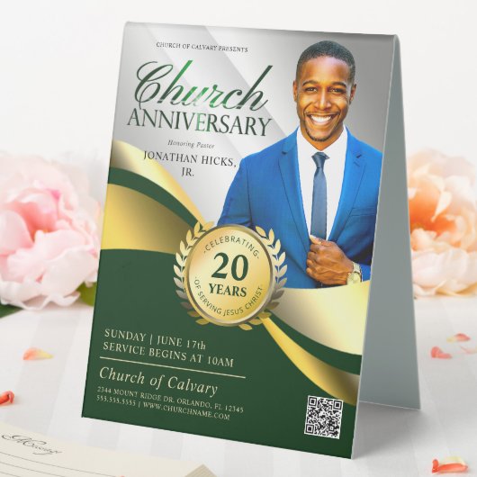 Plaque De Table Église Anniversaire Pastorale Service Vert & Or (In SItu (Mariage))