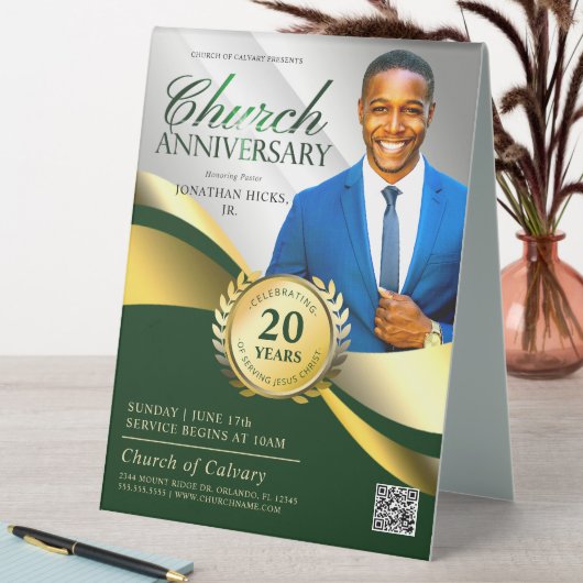 Plaque De Table Église Anniversaire Pastorale Service Vert & Or (En SItu (Tableau))