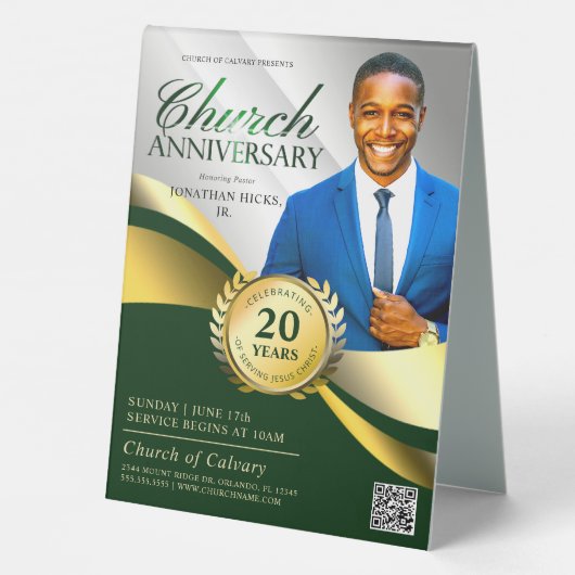 Plaque De Table Église Anniversaire Pastorale Service Vert & Or (Verso)