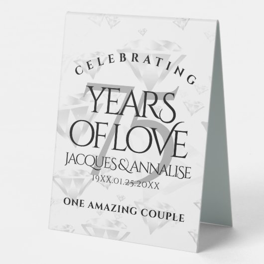 Plaque De Table Élégant 75e anniversaire de Mariage de diamant (Verso)