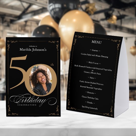 Plaque De Table Elegant Black Gold 50th Birthday Menu