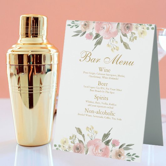 Plaque De Table Elégant Blush Rose Gold Floral Mariage Bar Menu