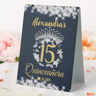 Plaque De Table Elegant Boho Navy Argent Quinceañera espagnol