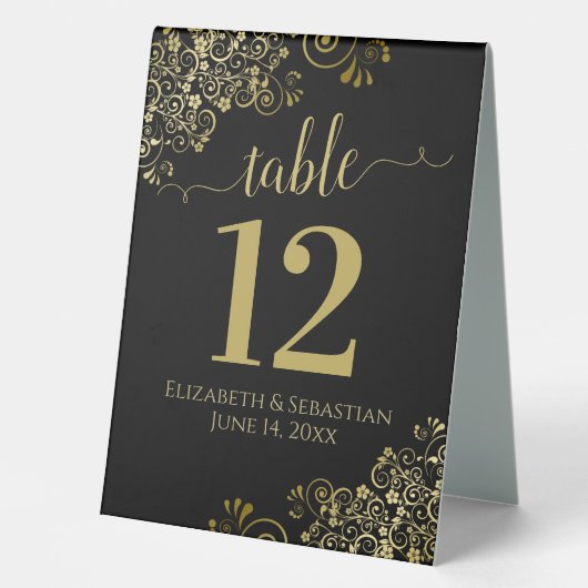 Plaque De Table Elégant Frills or sur Mariage noir Numéro de table (Recto)