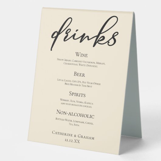 Plaque De Table Elégant ivoire Simple Mariage Bar Menu Boissons (Recto)