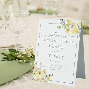 Plaque De Table Élégant Jaune Floral Bienvenue à notre Mariage