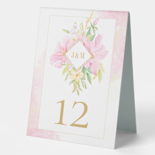 Plaque De Table Élégant Mariage rose d'aquarelle Floral Monogram (Recto)