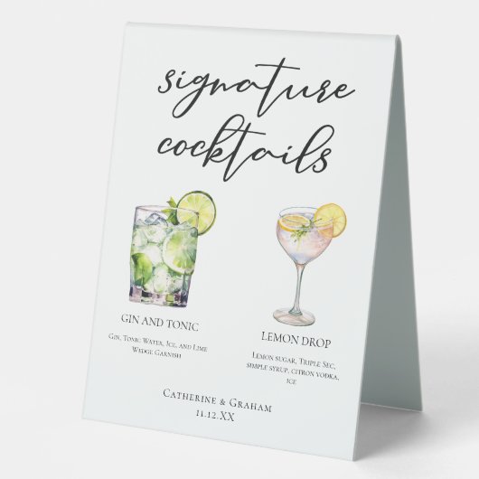 Plaque De Table Elégant Mariage Signature Cocktails Menu (Recto)