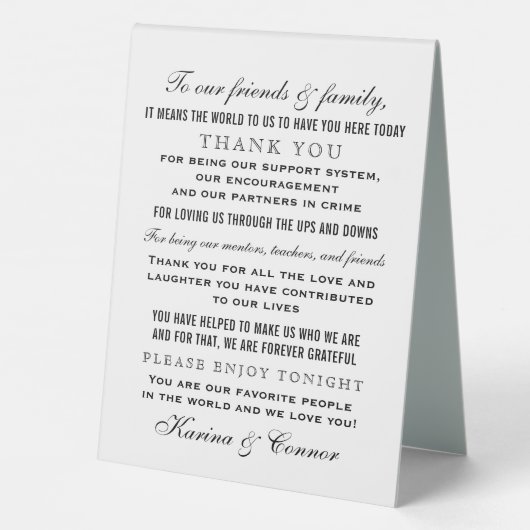 Plaque De Table Élégant message de Merci invité Mariage noir (Verso)