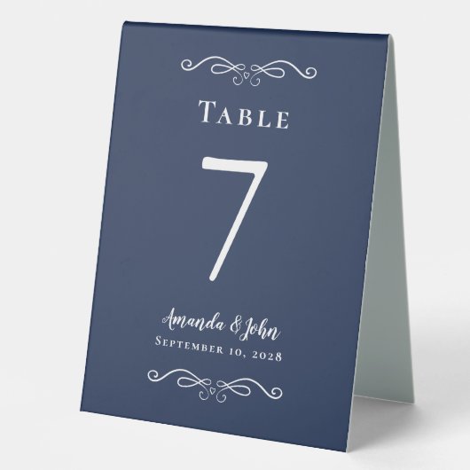 Plaque De Table Élégant numéro de mariage Calligraphie Marine Bleu (Recto)