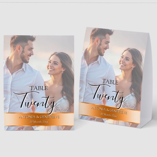 Plaque De Table Elegant Photo Wedding Table Number Orange band (Recto/Verso)